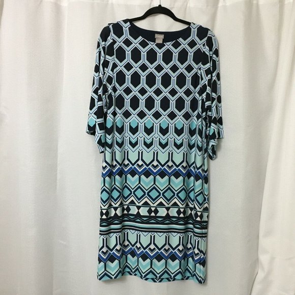 Chico's Knit Stretch Dress 1 Aqua Navy Blue White Geometric Work Church D1 - Picture 5 of 8